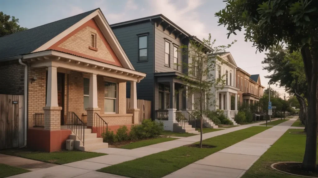 Real estate investment in Independence Heights (77018, 77022, 77091) featuring modern townhomes and older homes on a revitalized street.